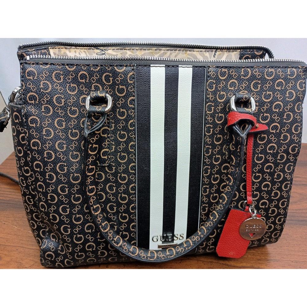 Guess‎ silvana brown black logo stripped carrying shoulder purse handbag